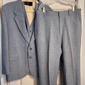 Vtg 70s Levi's Action Suit Tailored Mens Blue 3‎ Piece Blazer Pants Vest 46R